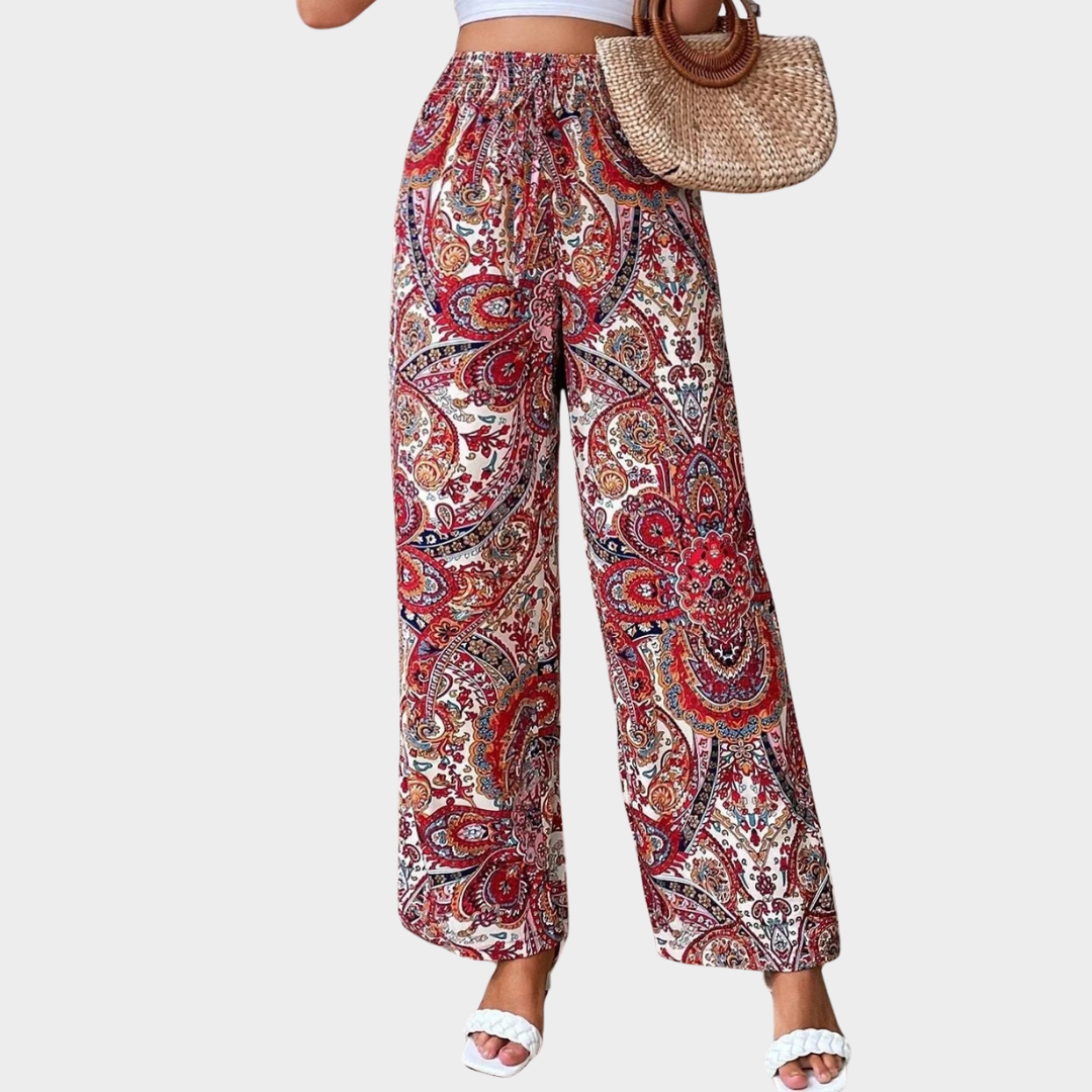 Women Wide Leg Printed Trousers – Elastic Waist Relaxed Fit Lightweight Fabric – Versatile Streetwear Look – Multiple Colours