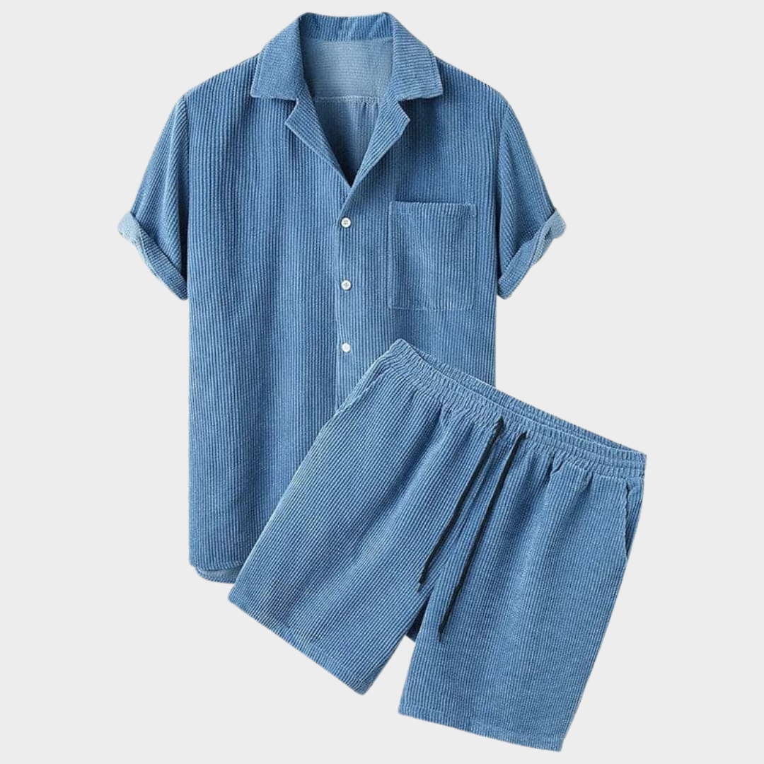 Men’s Corduroy Shorts Set – Short Sleeve Shirt & Shorts – Relaxed Fit – Solid Colour – Multiple Colours