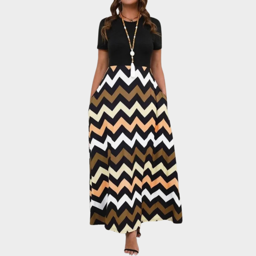 Women Long Dress – Wave Pattern Stitching – Relaxed Fit – Lightweight Fabric – Khaki