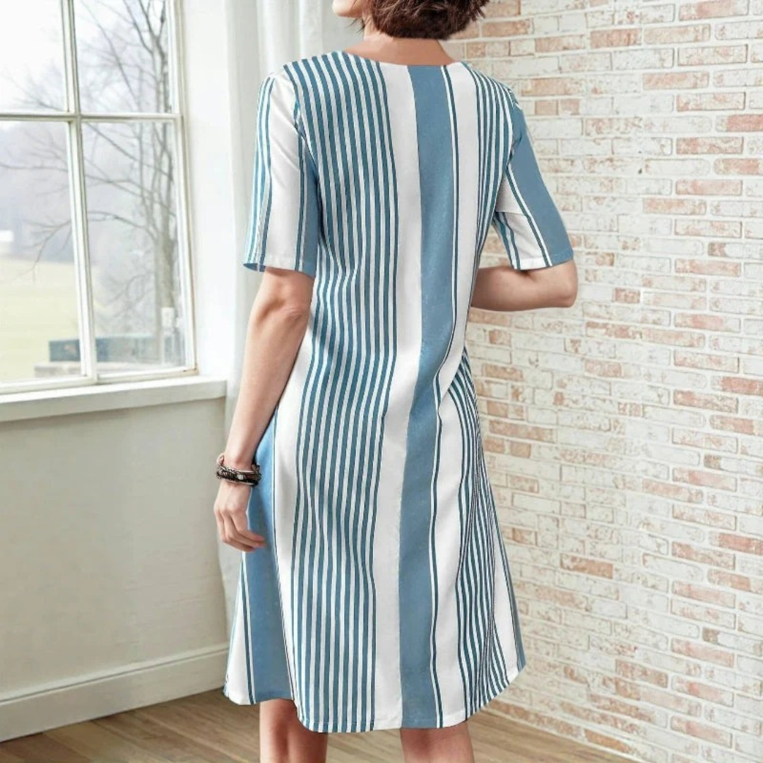 Women's Casual Short Sleeve Straight Dress – Light Blue Printed Striped Round Neck with Pocket Cotton Blend – Blue