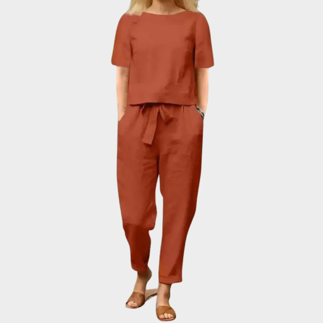 Women’s Cotton Linen Two-Piece Set – Half Sleeve O-Neck Top and Bell Bottom Trousers – Vintage Relaxed Fit – Soft Lightweight Fabric – Multiple Colours