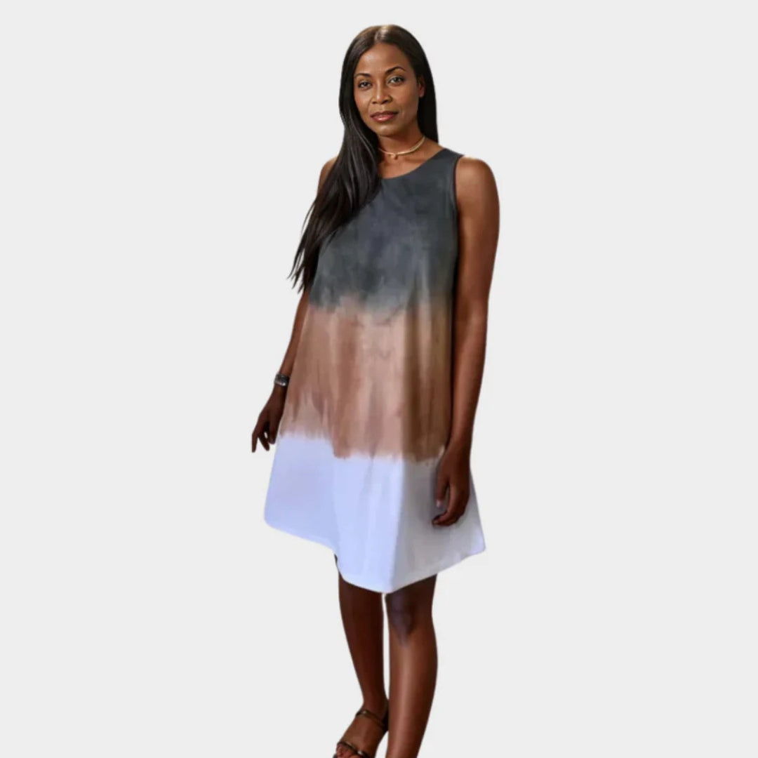 Women's Sleeveless Summer Dress – Tie-Dye Print, Round Neckline, Casual Look, Grey & Blue