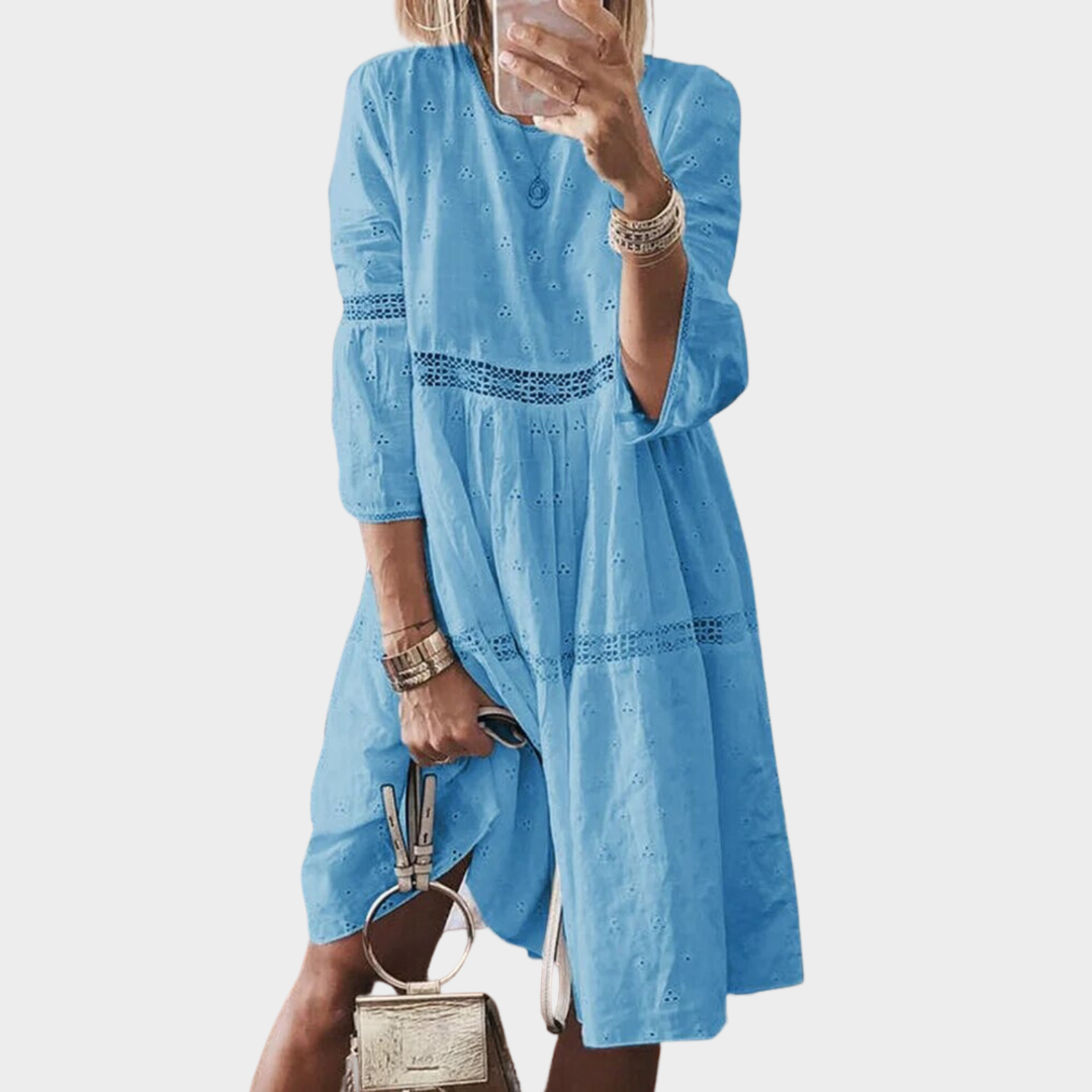 Women's Lace Embroidered Knee-Length Dress – Hollow Splicing – Elegant Seven Sleeve Fit – Multiple Colours