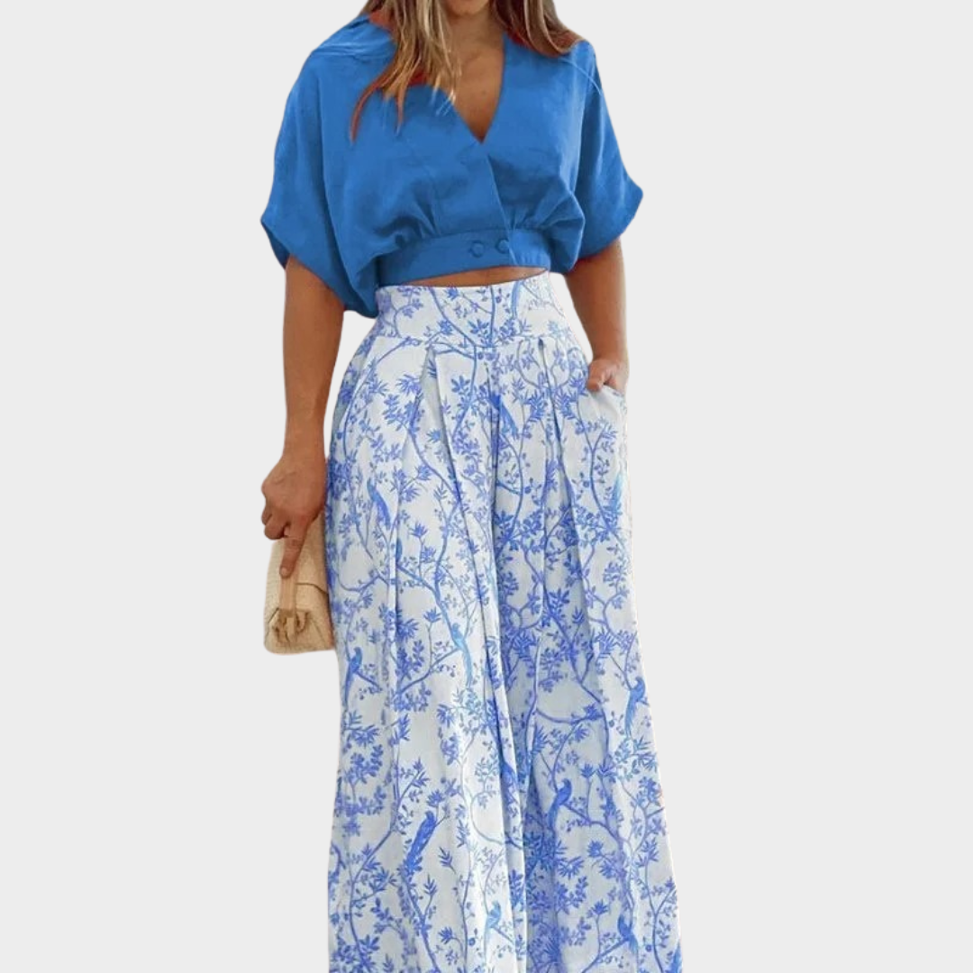 Women’s V-Neck Two-Piece Set – Printed Half Sleeve Top and Wide Leg Pants – Bell Bottom Style – Lightweight Comfortable Fabric – Multiple Colours