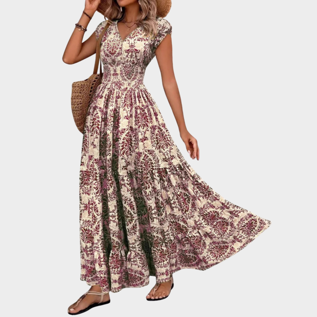 Women’s Chic V-Neck Shirred Boho Dress – Lightweight Flowing Midi Style – Comfortable Fit with Timeless Boho Elegance – Multiple Colours