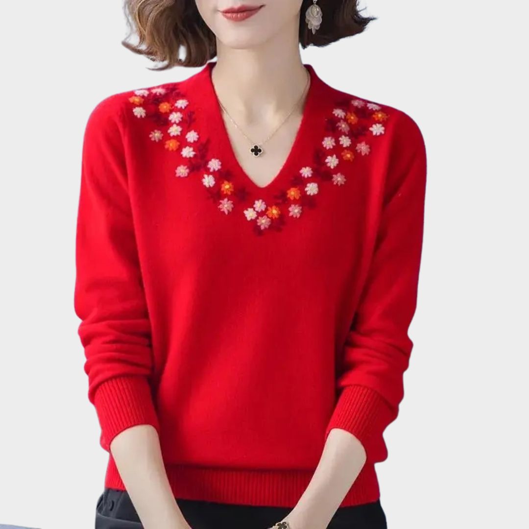 Women's V-Neck Embroidered Cashmere Sweater – Long Sleeve Knitted Pullover in Skin Red, Pink, Red