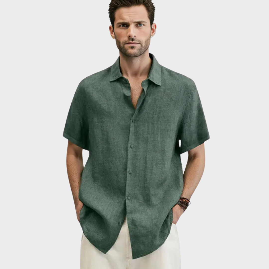 Men's Cotton Linen Blouse - Short Sleeve - Turn-Down Collar - Button-Up - Multiple Colours