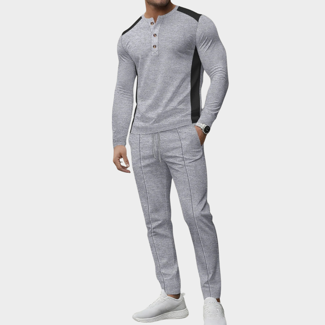 Men’s Two-Piece Set – High Collar Long Sleeve Henley Shirt with Button-Up and Matching Pants – Multiple Colours
