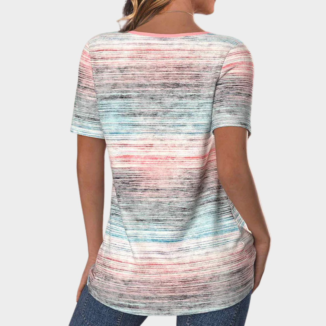 Women’s Slim Fit T-Shirt – Short Sleeve Crew Neck Patchwork Colour Print – Regular Fit Polyester Fibre Top – Multicolour