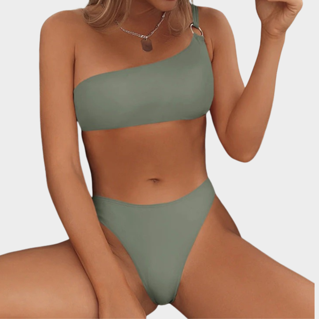 Women One Shoulder Bikini Set – High Cut Minimalist Fit in Stretch Polyester Fabric – Green