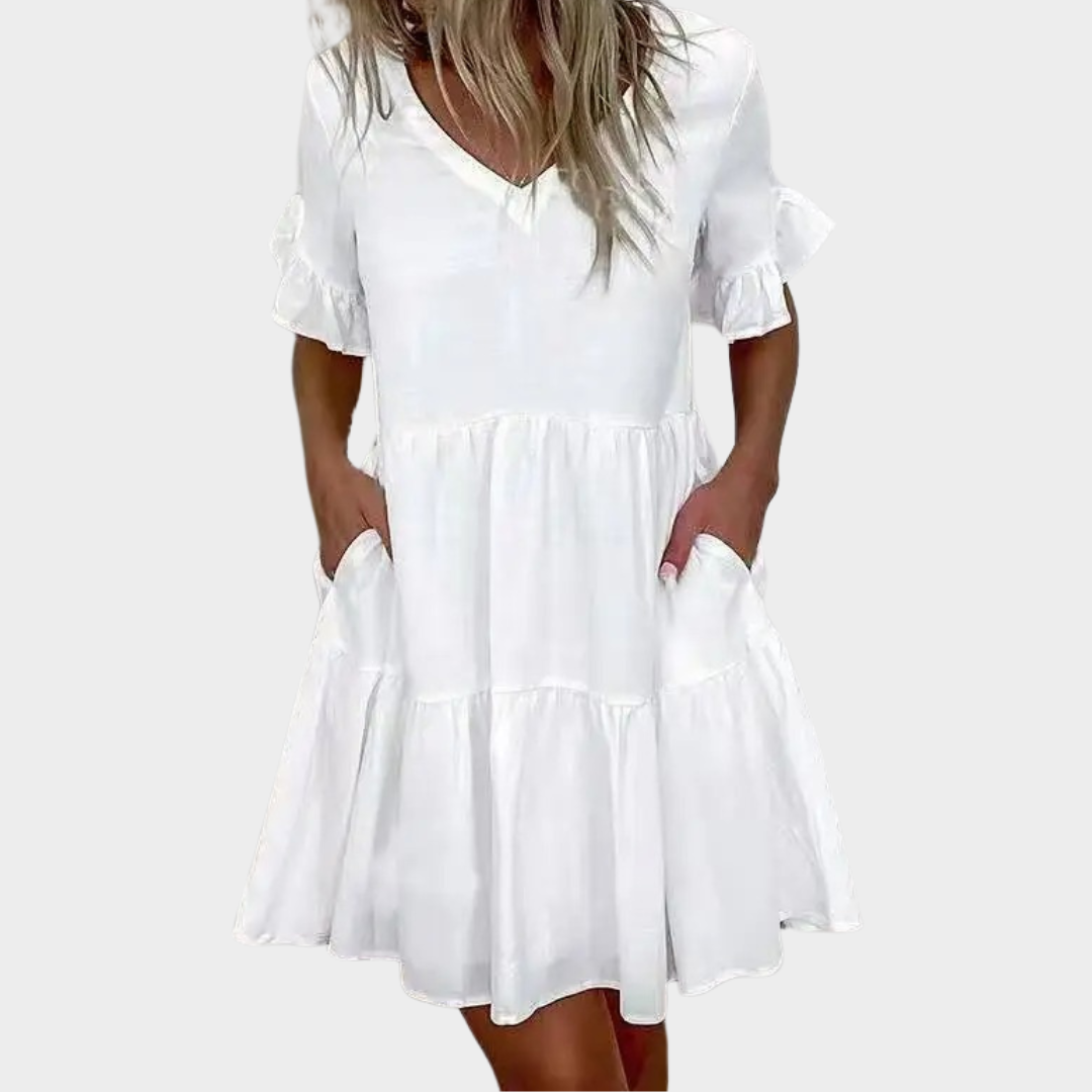 Women’s Floral Mini Dress – V-Neck Short Sleeve Fit – Loose Ruffle Design with Pockets – Lightweight Soft Fabric – Casual Elegant Look – Multiple Colours
