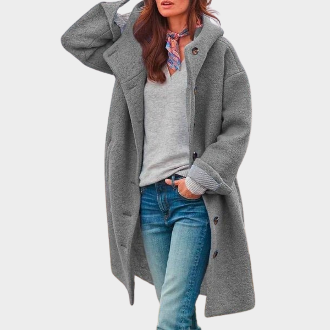 Women Elegant Long Sleeve Woolen Coat – Notch Collar Hooded Outerwear – Tailored Fit Warm Polyester Blend – Multiple Colours