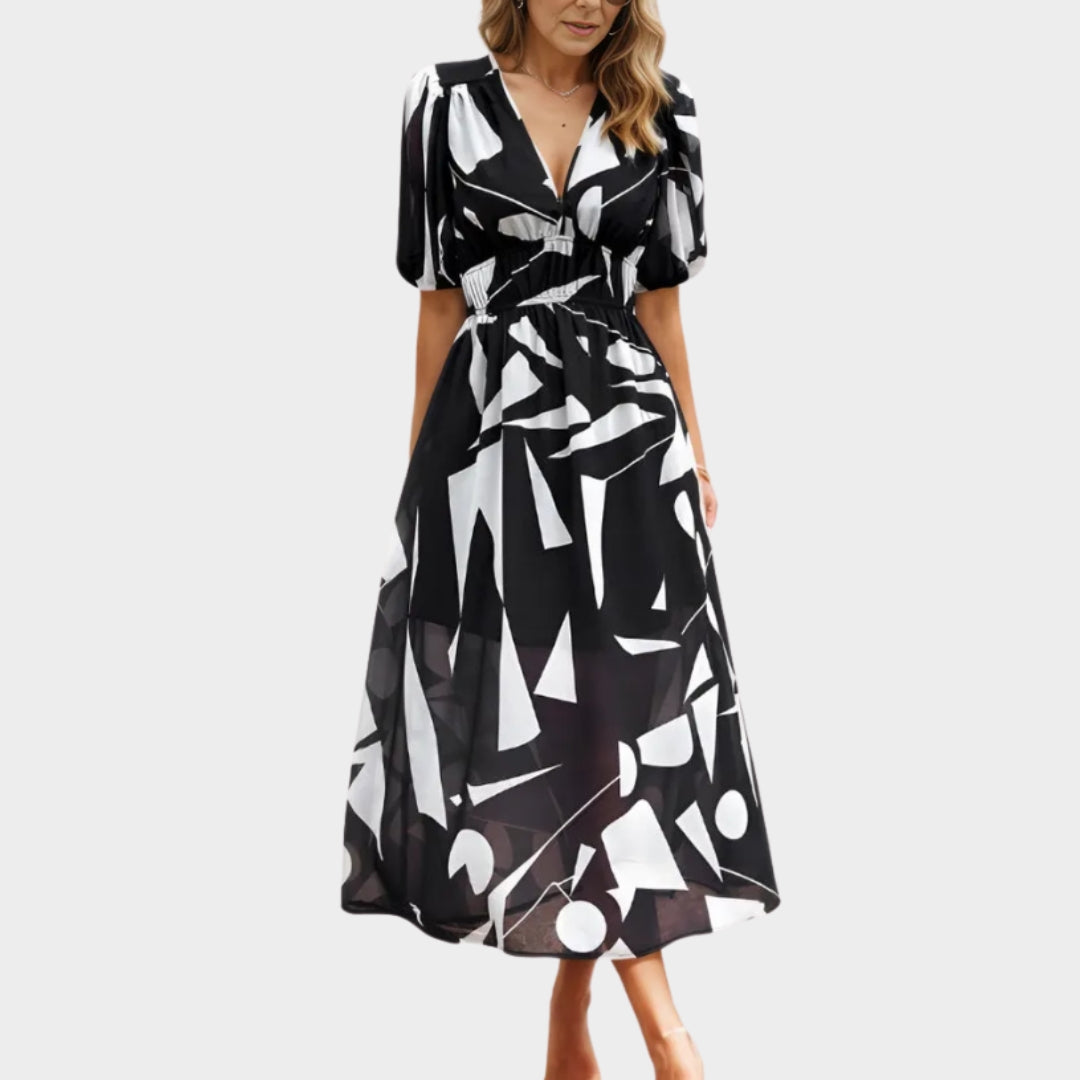 Elegant Women's Maxi Dress V-Neck Elastic Waist Printed Long Summer Dress - Beige, Pink, Black, and More