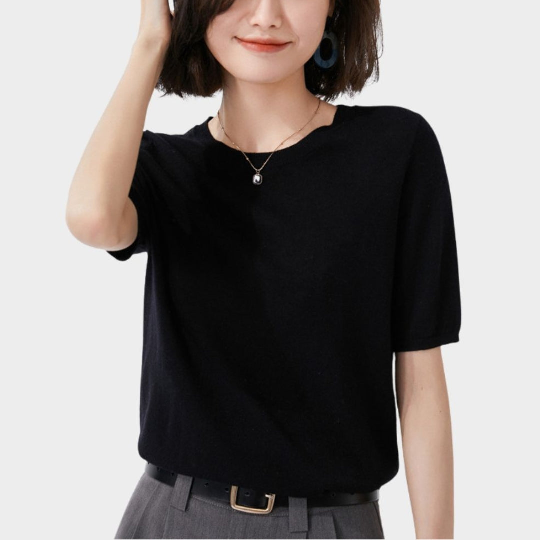 Women’s Short Sleeve Knitted T-shirt – O-neck Slim Wool Cotton Vest in 13 Colors