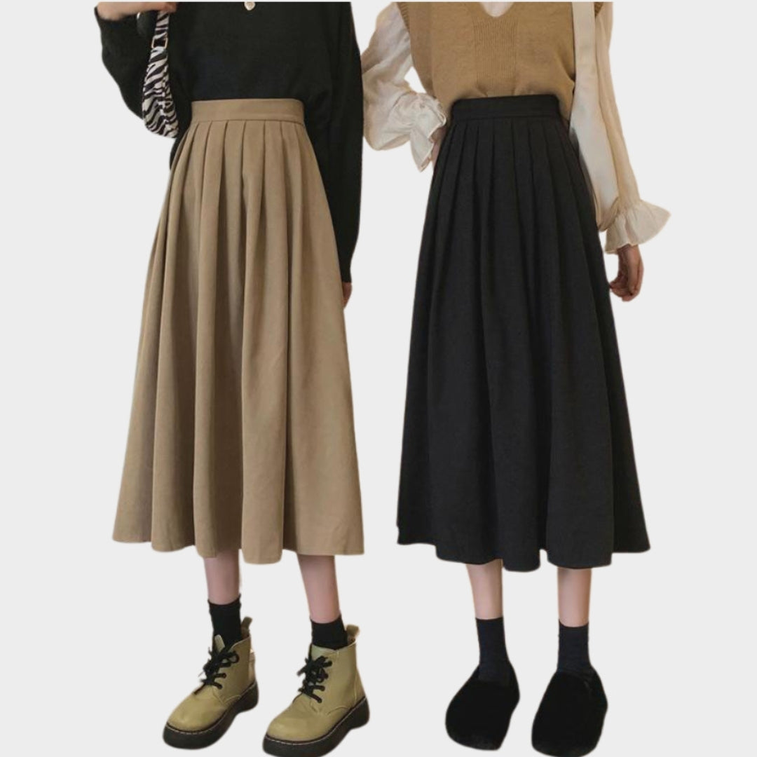 Women’s High Waist Pleated Skirt - Vintage A-Line Korean College Style Long Skirt, Blue, Black, and More