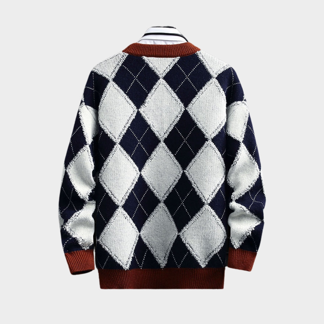 Men's Argyle Knitted Sweater - Warm Cashmere Pullover for Autumn Winter (Green, Navy Blue, Coffee)
