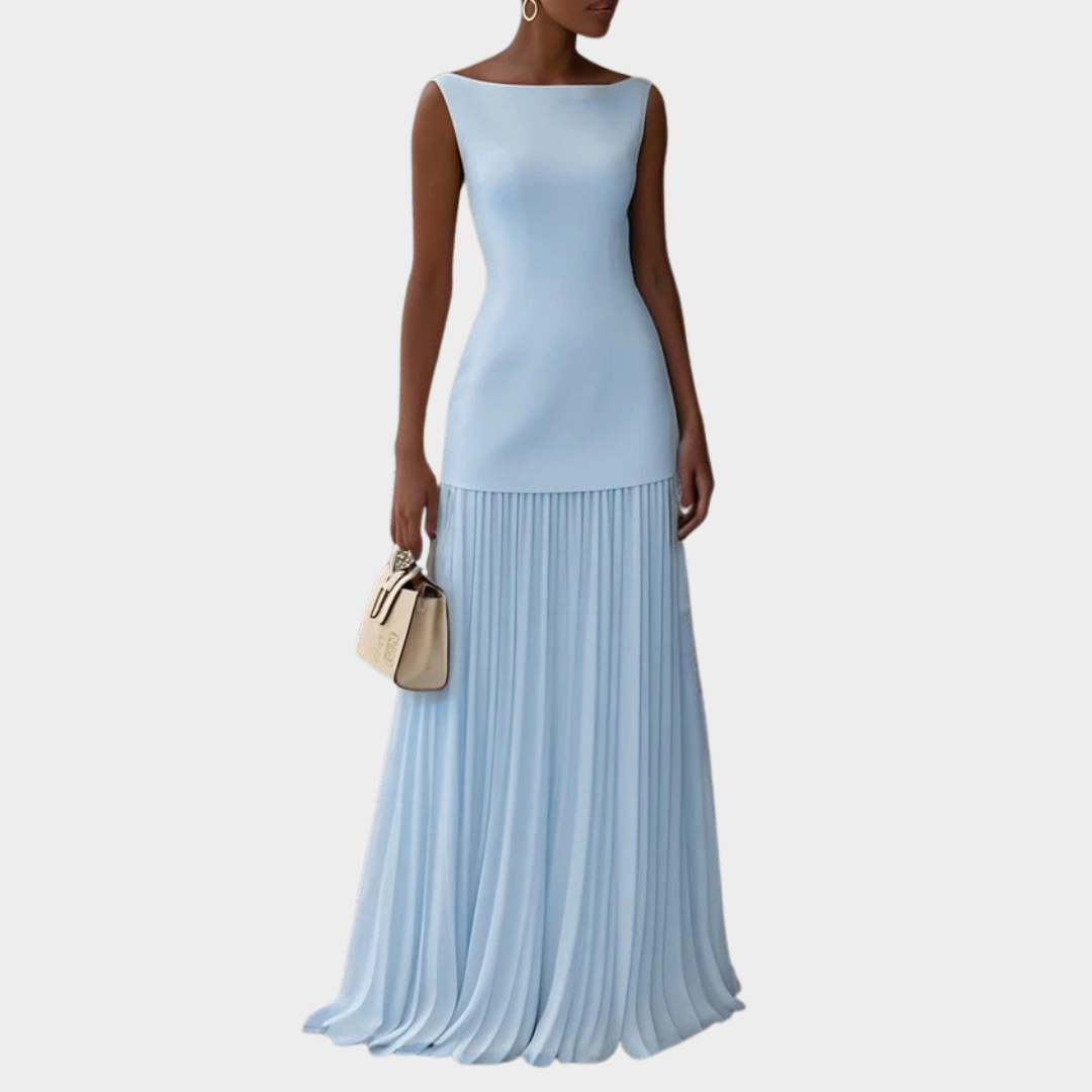 Women Pleated Maxi Dress – Elegant Sleeveless Bodice with Flowing Long Skirt – Slim Fit – Lightweight Fabric – Cocktail Evening and Wedding Guest Outfit – Multiple Colours