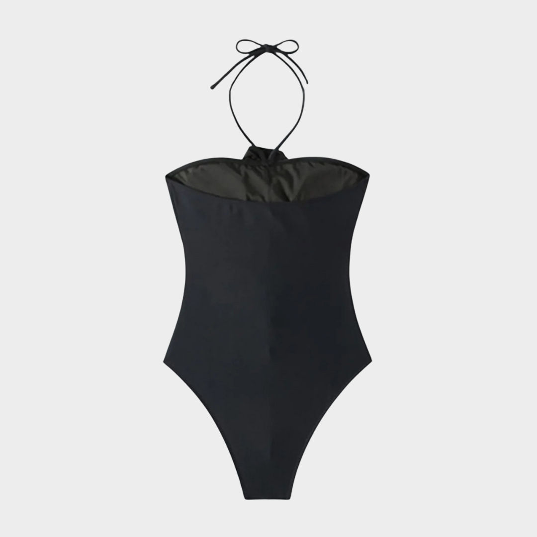 Women One Piece Swimsuit – Halter Neck Backless Design with 3D Floral Detail Slim Fit Monokini – Black
