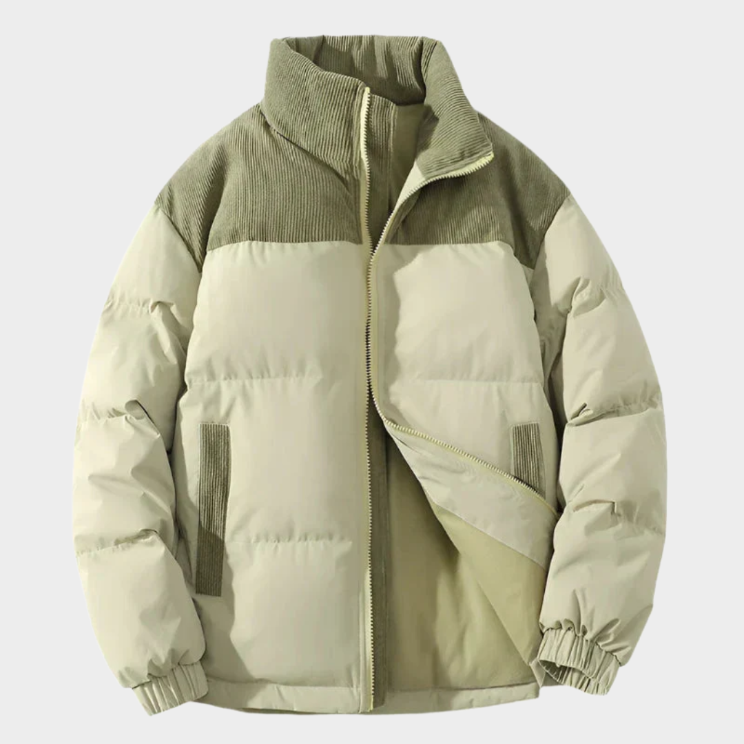 Men’s Puffer Jacket – Quilted Relaxed Fit Coat with Corduroy Yoke and Zip Front – Multiple Colours