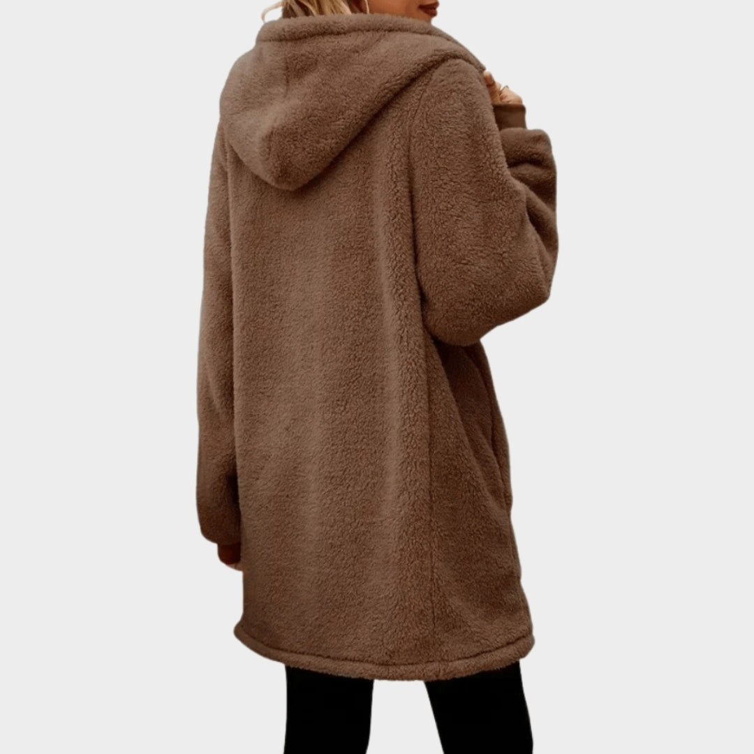 Plush Hooded Jacket for Women – Casual Autumn Winter Outerwear, Brown, Beige, Black