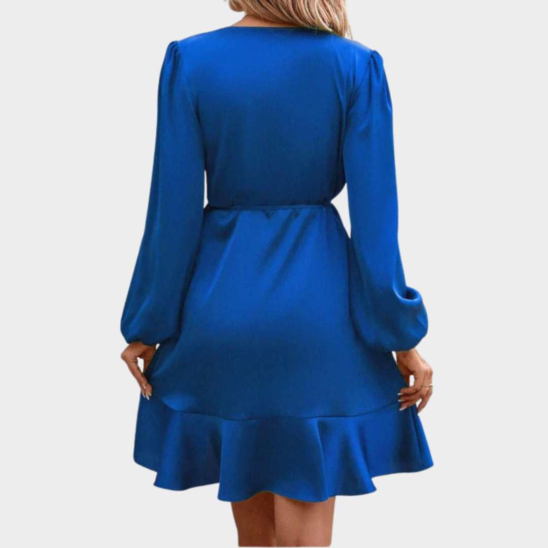 Women’s Long Sleeve Mini Dress – V-Neck Belted Design – Elastic Waist – Solid Colour – Blue