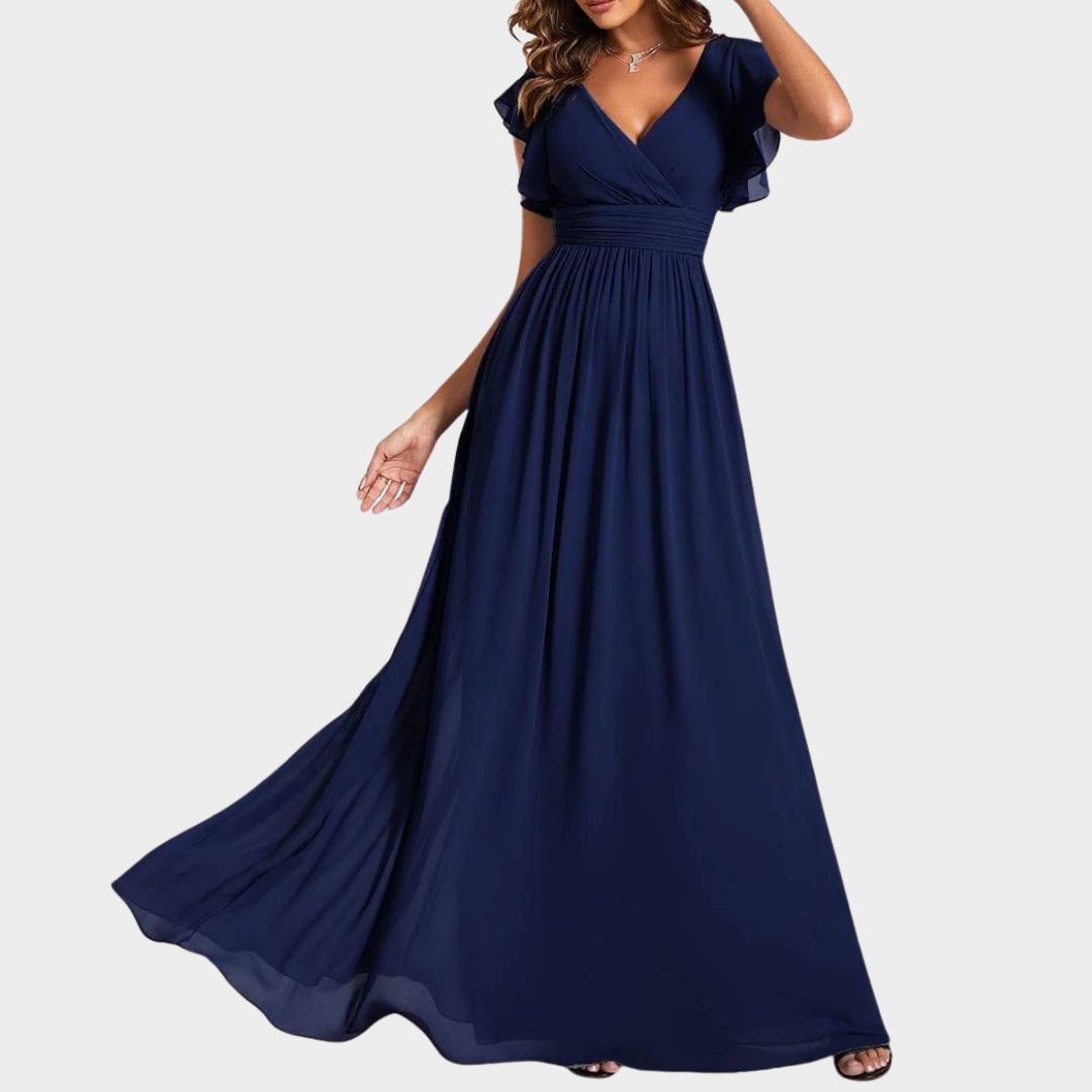 Women’s V-Neck Bridesmaid Dress – Elegant Chiffon Gown with Ruffled Sleeves and Open Back – Multiple Colours