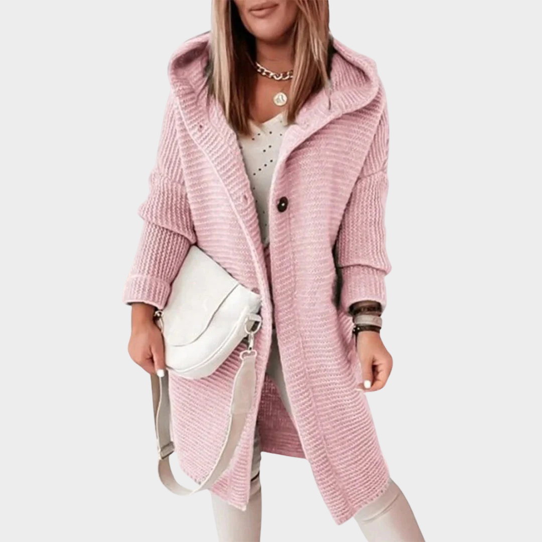 Women's Hooded Knit Cardigan Jacket – Button Front – Long Sleeve Loose Fit – Casual Outerwear – Multiple Colours