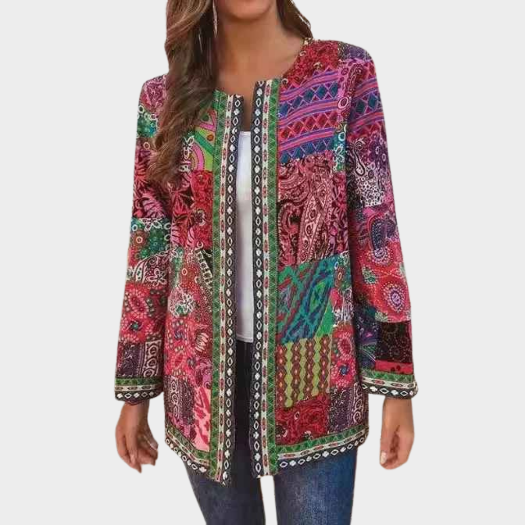Women's Vintage Print Open Cardigan Jacket – Loose Fit Long Sleeve Cotton Linen – Multiple Colours
