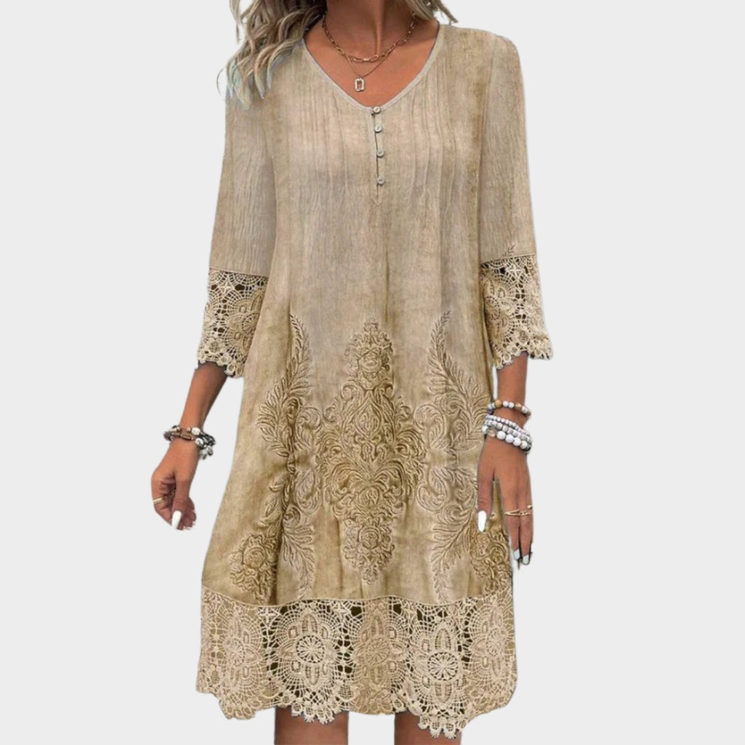 Women's Lace Midi Dress - V-Neck - 3/4 Sleeve - Elegant Hollow-Out Detail - Multiple Colours
