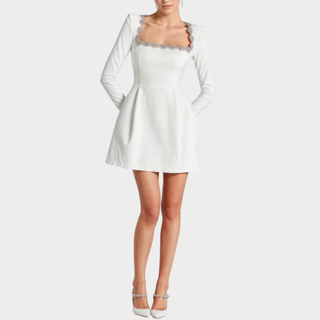 Women Short Dress – Velvet Mini with Square Collar and Diamond Embellishment – Long Sleeves – Flared Skirt – Elegant Party Wear – Multiple Colours
