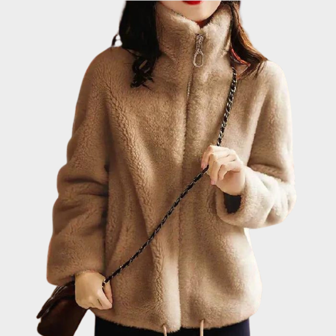 Women’s Plush Fleece Cardigan – Winter High Collar Zipper Sweater in Green, Brown, White