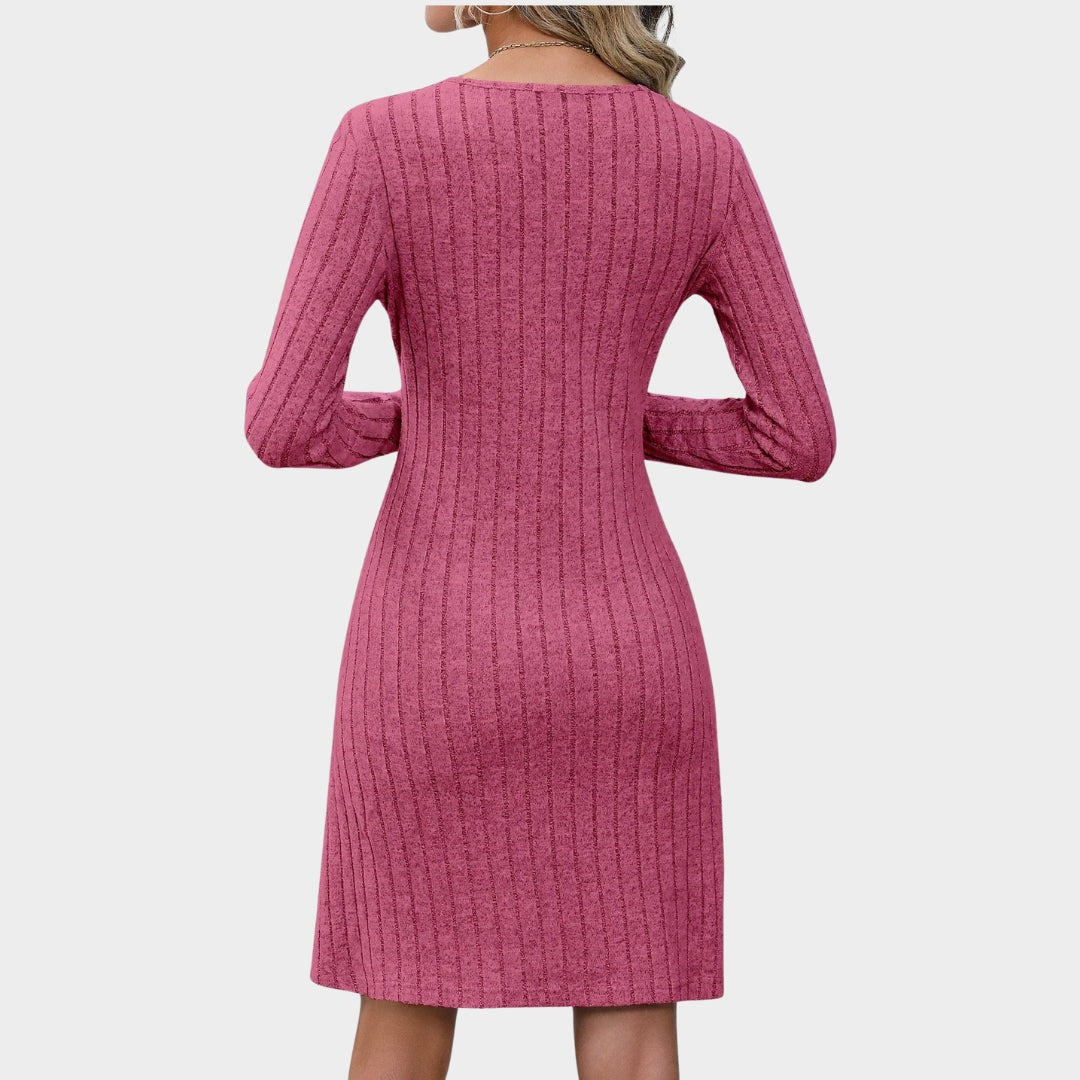 Women's Solid Ribbed Knitted Mini Dress – Long Sleeve A-Line Knot Detail, Black, Pink, Grey, Green