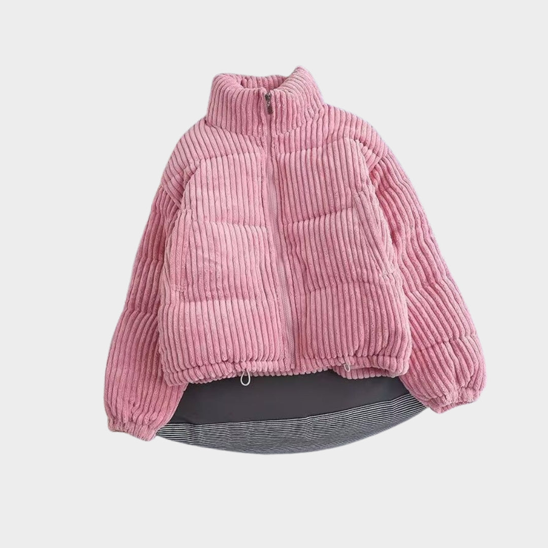 Women’s Corduroy Cotton Jacket - Short Loose-Fit Winter Coat, Fashionable Outerwear, Black, Ivory, Pink