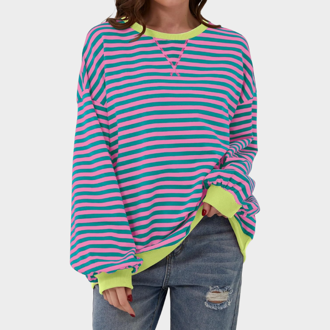 Women Casual Long Sleeve Sweatshirt – Round Neck Striped Pullover Top – Comfortable Knitwear – Multiple Colours