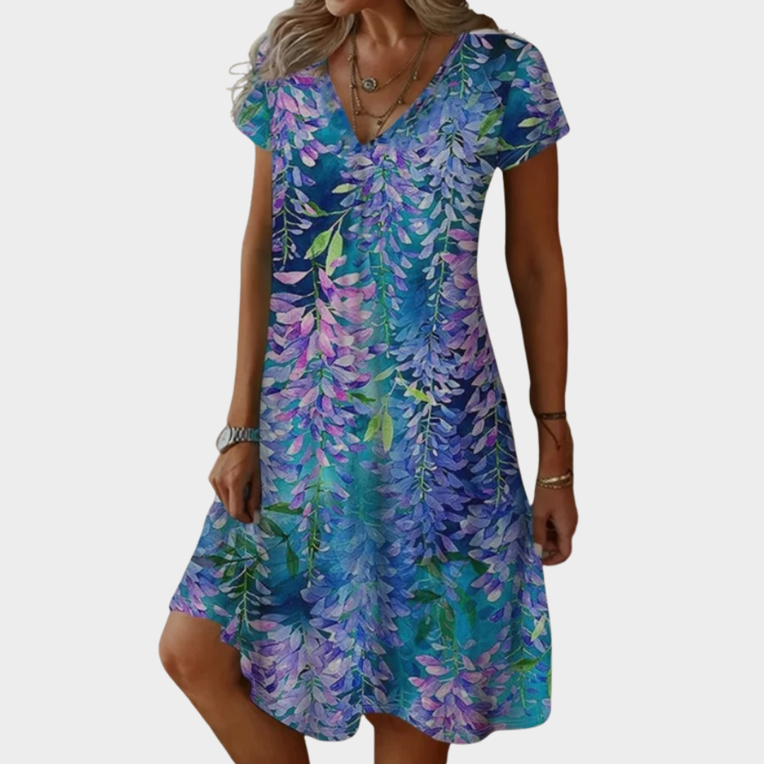 Women’s Casual Swing Dress – V-Neck Printed Midi Dress – Lightweight Fit – Cotton-Poly Blend – Relaxed Silhouette – Multiple Colours