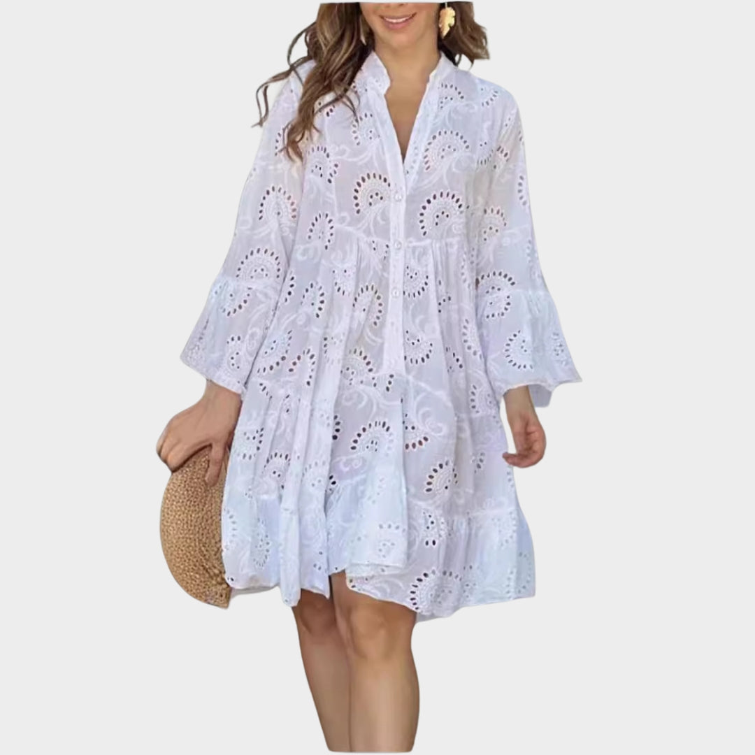 Spring Summer Women’s V-Neck Dress – Solid Color, Embroidered Hollow Lace, Loose Fit in Yellow, Red, Sky Blue, and More