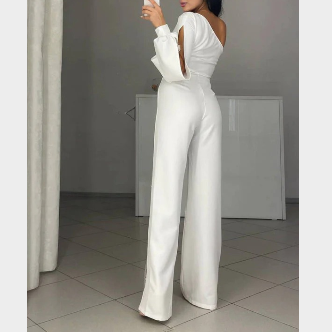 Women Jumpsuit – One Shoulder Sequin Romper with Skew Collar – High Waist Slim Fit – Thigh High Slit and Sheer Detailing – Elegant Party Evening Wear – Multiple Colours