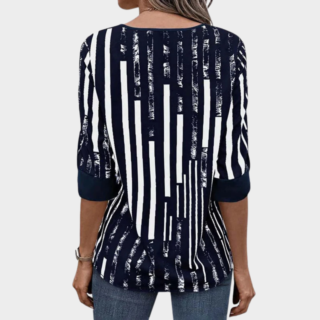Women's Half Sleeve Striped Blouse – V-Neck Casual Fit with Button Detail – Lightweight Cotton-Polyester Top – Navy Blue