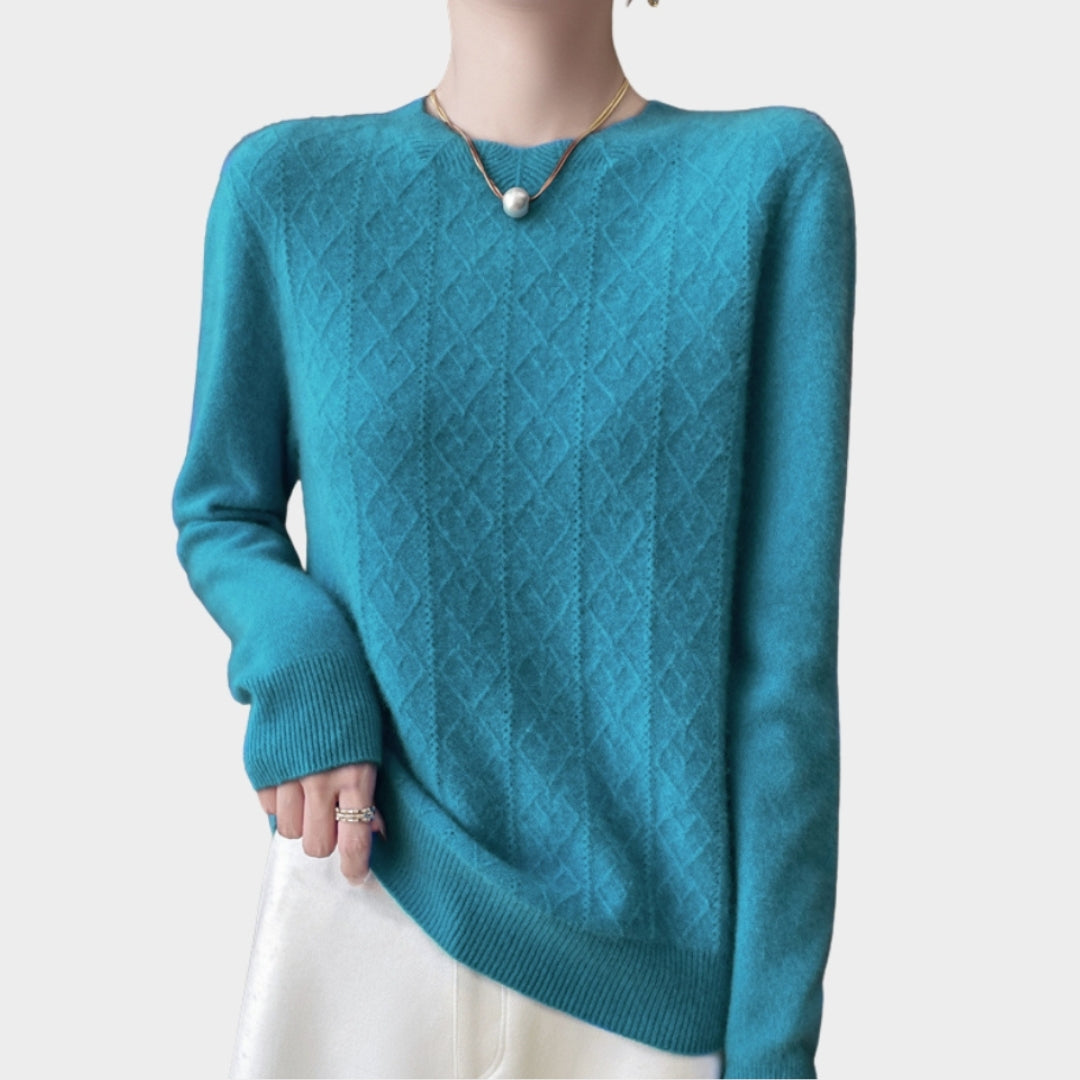 Women’s Merino Wool Hollow Out Sweater - O-neck Pullover, Long Sleeve, Cashmere Blend, Pumpkin, Lake Blue, and More