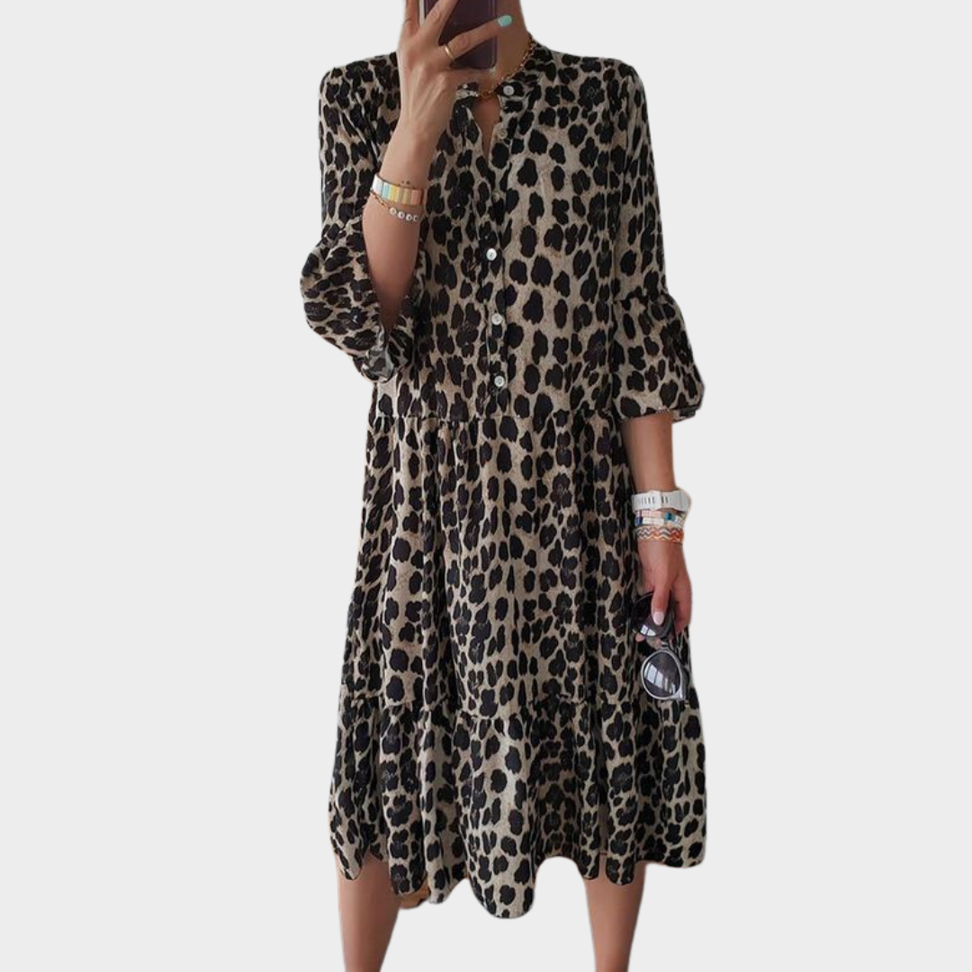 Elegant Women's V-Neck Dress – Figure-Flattering Silhouette – Flowing Skirt – Leopard Print