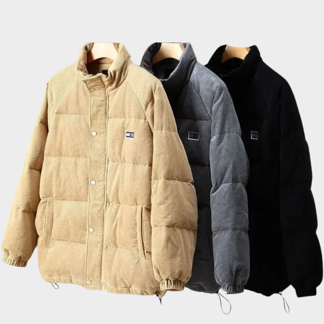 Men's Corduroy Padded Jacket - Warm Insulated Coat - Letter Patch Design - Multiple Colours