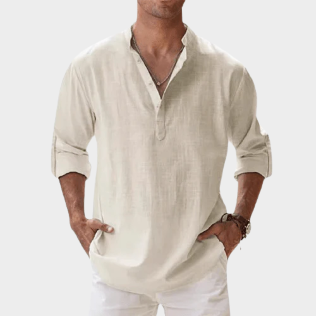 Men’s Casual Long Sleeve Shirt – Lightweight Henley Button Up Beach Top – Multiple Colours