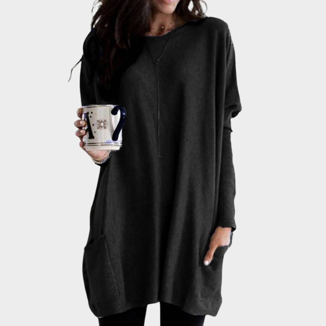 Women’s Long Sleeve Tunic Top - Casual Loose Sweater with Pockets, Plus Size Pullover, Grey, Black, Peacock Blue, and More