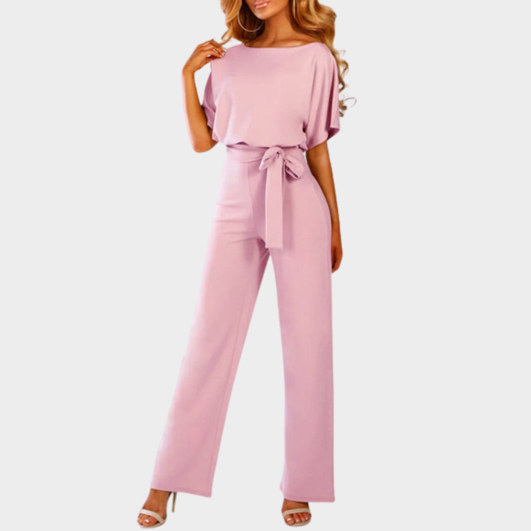 Women's Jumpsuit – Elegant Short Sleeve – Hollowed Waist – Tie Belt – Wide-Leg – Multiple Colours