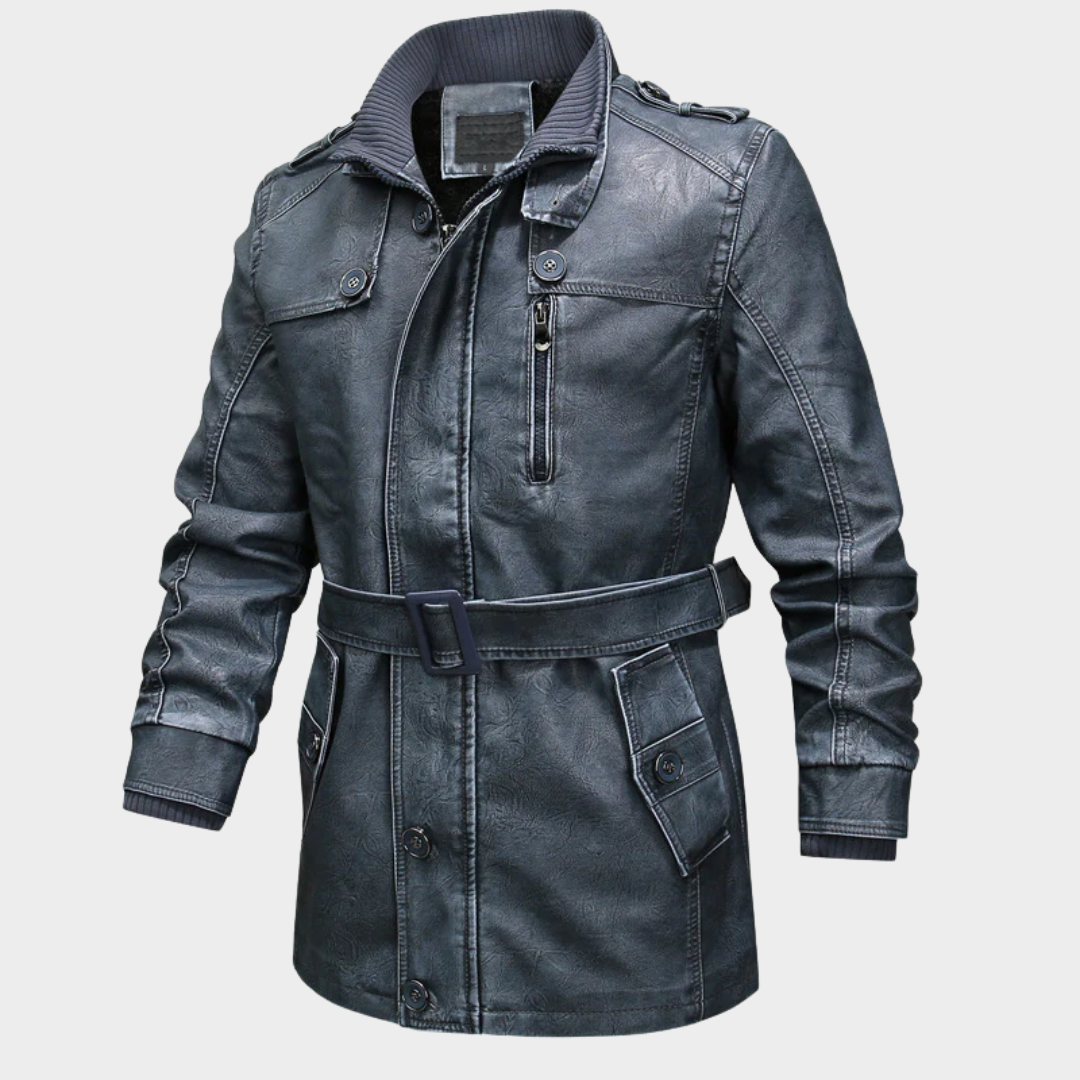 Men’s Belted Trench Coat – Washed Leather Look PU Jacket with Plush Lining and Asymmetrical Zip – Multiple Colours