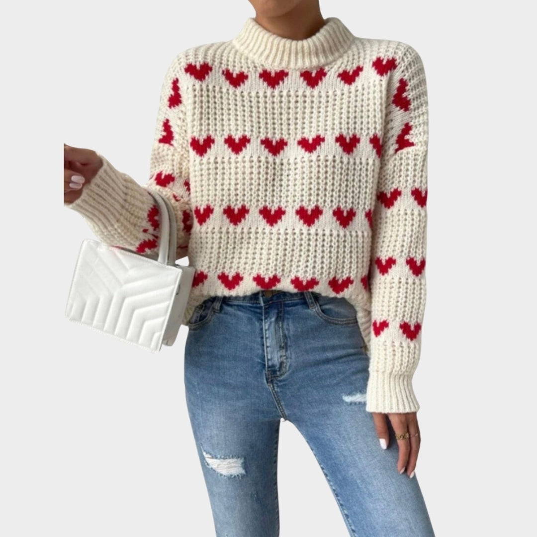 Women’s Baggy Knitted Sweater - Love Heart Jacquard, Long Sleeve Mock Neck Pullover, White