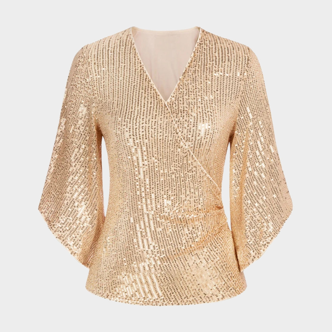 Women's Sequin Blouse - V-Neck Glitter Party Top - 3/4 Sleeve Sparkly Evening Wear - Multiple Colours