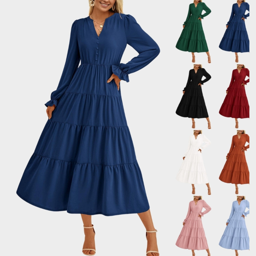 Women’s High-Waist A-Line Dress - V-Neck, Layered Ruffles, Button Embellished, Long Sleeve, Wine, Black, and More