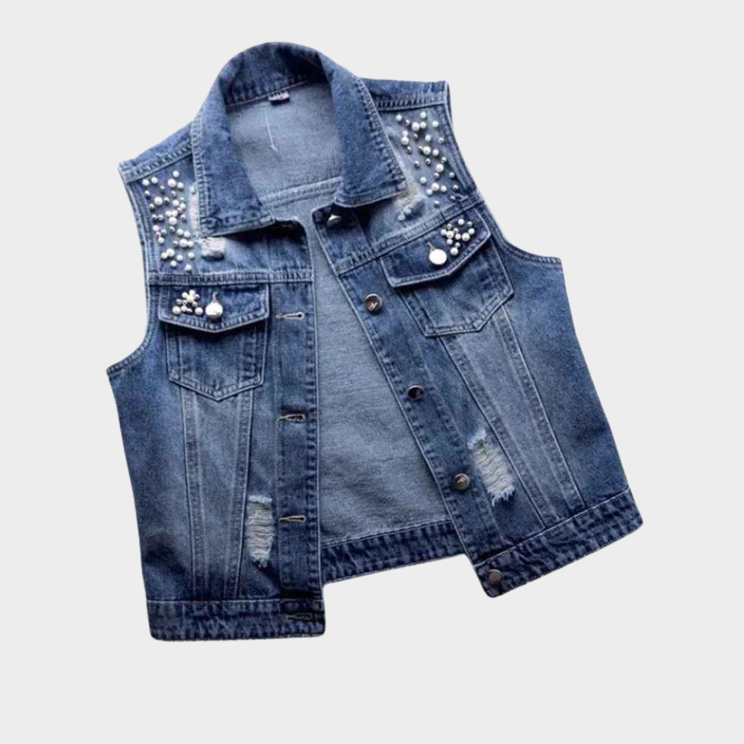 Women's Denim Vest - Ripped Sleeveless Waistcoat - Luxury Pearl Detail - Casual Fit - Blue