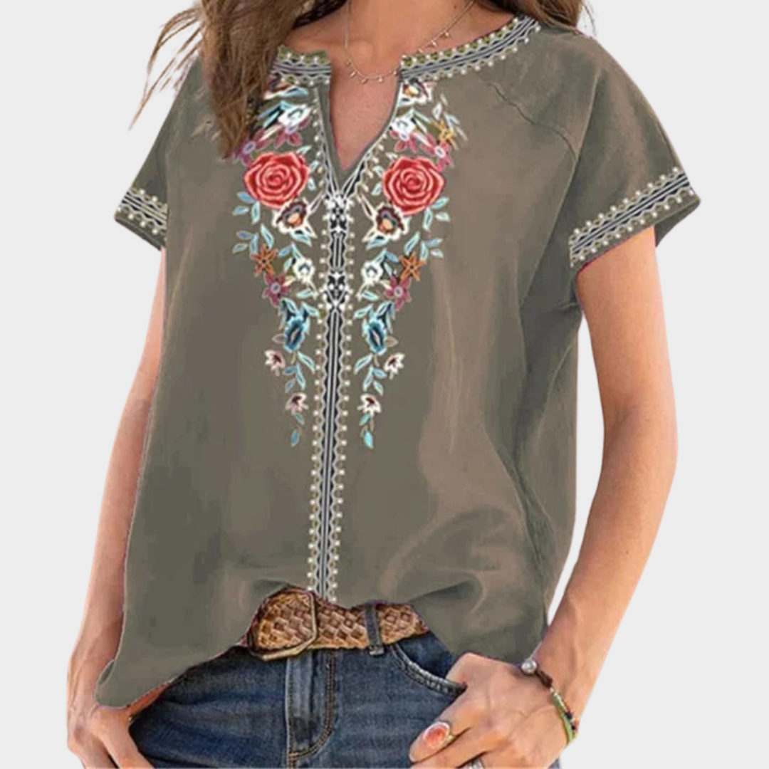 Women’s Printed Loose Fit Top – Ethnic Style V-Neck Short Sleeve Blouse – Boho Harajuku Oversized Design – Lightweight Fabric – Multiple Colours